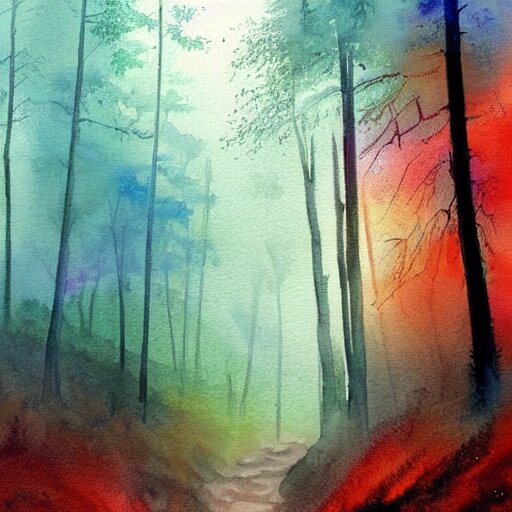 a beautiful watercolor painting of a misty hollow with a winding path through an appalachian pine forest at dawn, godrays, mystical, deep shadows, epic scale 