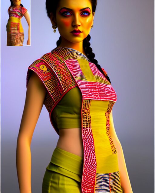 a beautiful cute girl wearing modern stylish costume in the style of Assamese bihu mekhela sador gamosa design, commercial fashion design art by Victor Nizovtsev, face by artgerm and daz3d genesis iray, cinematic lightning, medium shot, mid-shot, slim female figure ramp walk model pose, highly detailed, trending on Artstation, Unreal Engine 4k, cinema 4d ray traced 8k fabric texture details, octane render