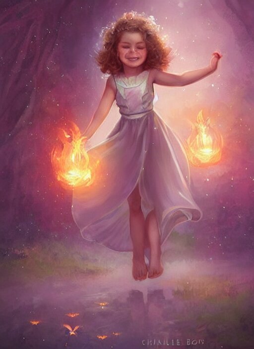 A cute little girl with short curly brown hair with a happy expression wearing a summer dress dancing with fireflies, she is in the distance. beautiful fantasy art by Charlie Bowater.