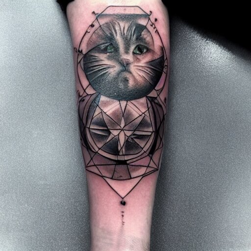 geometric outer space tattoo, arm, cat