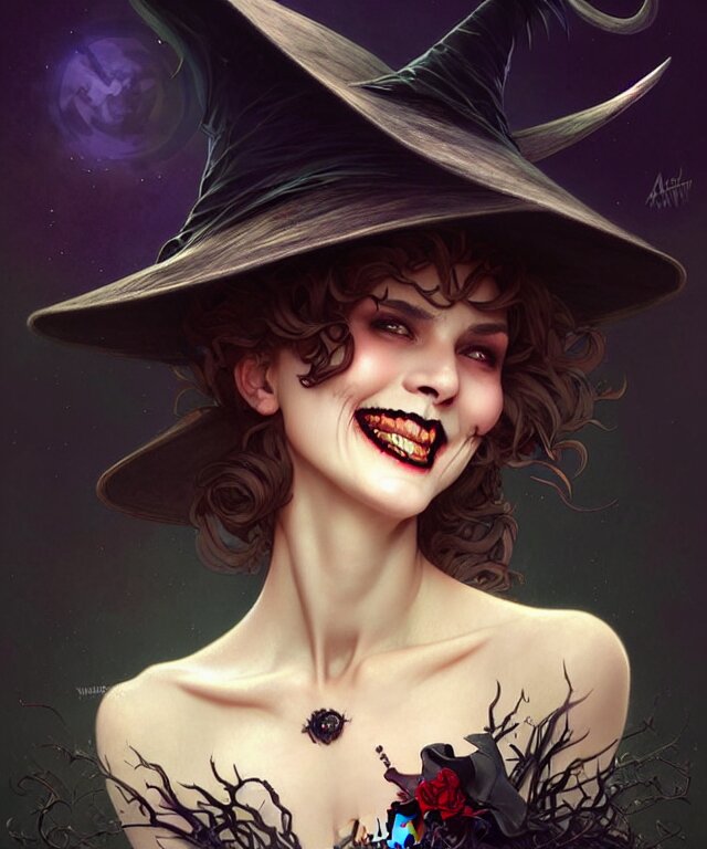 halloween witch woman in a hat smiles, fantasy magic, undercut hairstyle, dark light night, intricate, elegant, sharp focus, illustration, highly detailed, digital painting, concept art, matte, art by wlop and artgerm and greg rutkowski and alphonse mucha, masterpiece 