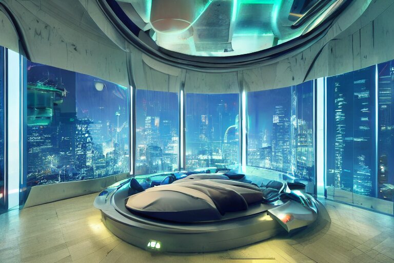 a futuristic bedroom with large curved ceiling high windows looking out to a far future cyberpunk cityscape, flying vehicles and robots passing by outside, night time, cyberpunk neon lights, raining