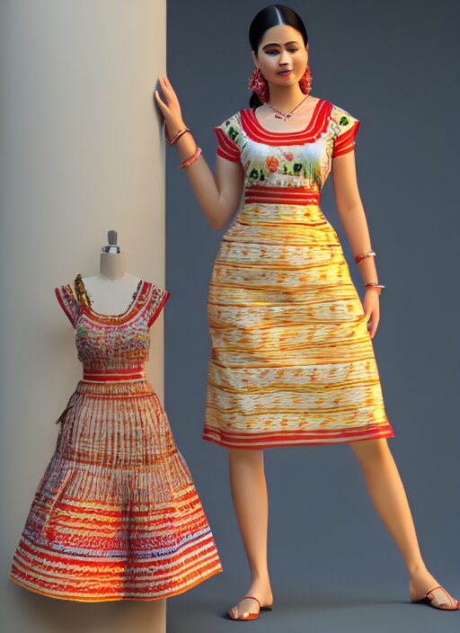 beautiful summer assamese mekehela bihu style floral gamosa dress ; flirtatious, boho - chic, sleeveless, elegant, short skirt length, slimmer demeanor, plethora of colors ; mini dress, highly detailed cute face by wlop ; octane render, unreal engine 5, trending on artstation, 8 k high resolution, global illumination ray tracing ; symmetrical, cinematic, high coherence, hdr fabric textures 