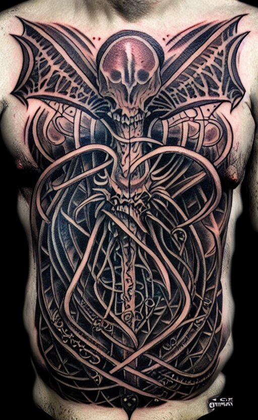 chest tattoo cthulhu by greg rutkowski, by giger, by maxim verehin 