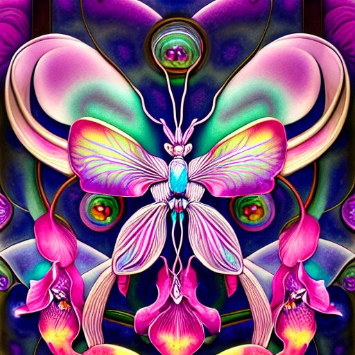 majestic colorful orchid mantis mandala enamel by james jean and yoshitaka amano, cloisonne, iridescent, black opals, beautiful hyperdetailed art nouveau orchids, ultrasharp photorealistic octane render 