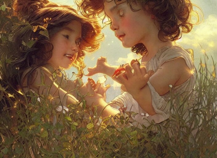 A cute little girl with shoulder length curly brown hair and a cute little boy with short blonde hair dancing with fireflies. beautiful fantasy art by By Artgerm and Greg Rutkowski and Alphonse Mucha, trending on artstation.