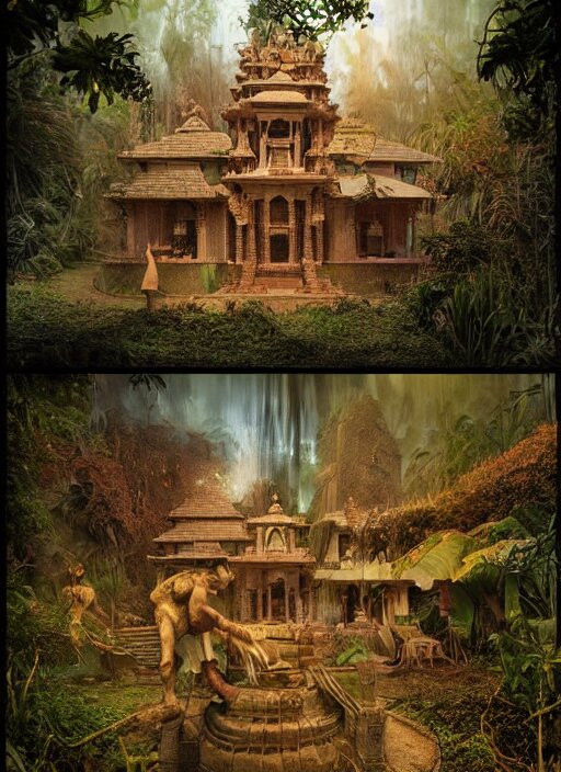 8 k concept art from a hindu temple lost in the jungle by david mattingly and samuel araya and michael whelan and dave mckean and richard corben. realistic matte painting with photorealistic hdr volumetric lighting. composition and layout inspired by gregory crewdson. 