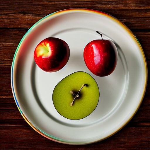 a wide angle side view realistic photo of only 3 apples on a colorful plate, award winning, food photography, by ansel adams 