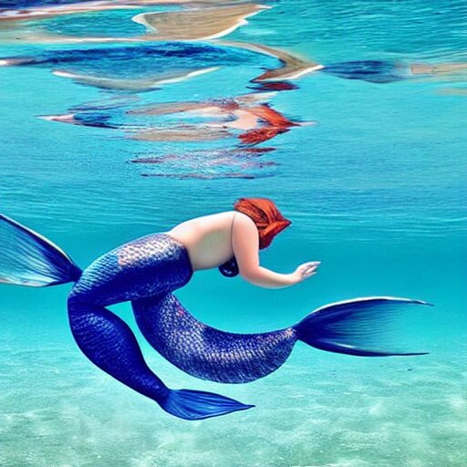 beautiful curvy perfect mermaid under the water with flowing tail swims peacefully under the ocean surface on a warm sun filled day, her red hair trails behind her floating in the water. natural beauty gorgeous stunning photo 
