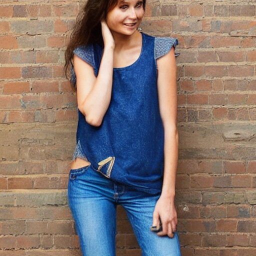 the girl is wearing a tank top, with sleeves cut off, blue three pocket jeans 