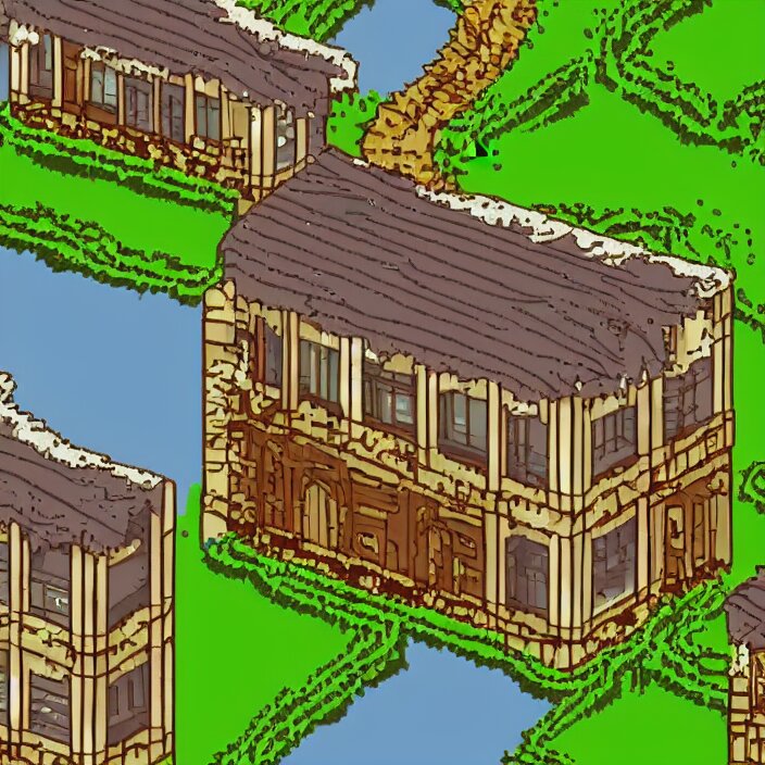 a building in a serene landscape, pixel art 