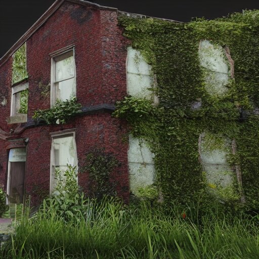 outside a derelict victorian house, garden in front of house is overgrown and walls are crumbling down, moss and ivy cover the walls ray traced unreal 5, ultra details 