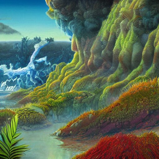 digital painting of a lush natural scene on an alien planet by gerald brom. digital render. detailed. beautiful landscape. colourful weird vegetation. cliffs and water. 