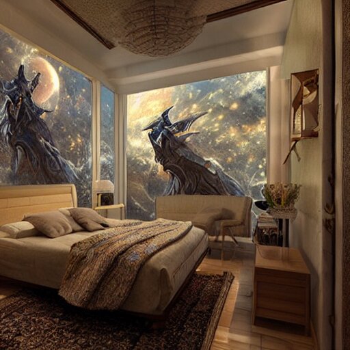 a cozy bedroom interior with wall murals of incredible fantasy space art, detailed, high resolution, wow!, intricate, volumetric lighting, raytracing 