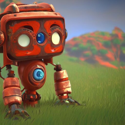 a cute rusty robot in breath of the wild, anime, 3 d render, octane 