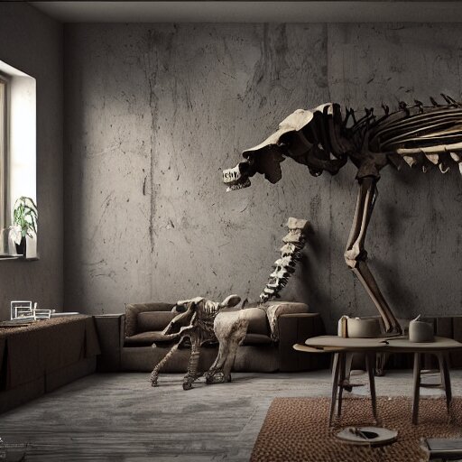 a beautifully decorated loft, interior design, mammoth skeleton in a corner, vray render, 8 k, artstation 