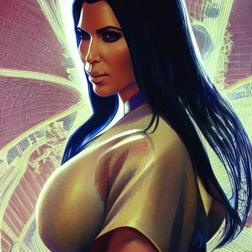 full body long shot of kim kardashian in a futuristic kimono, unreleased character concept art from cyberpunk 2 0 7 7, intricate, elegant, highly detailed, digital painting, artstation, concept art, smooth, sharp focus, illustration, art by artgerm and greg rutkowski and alphonse mucha 