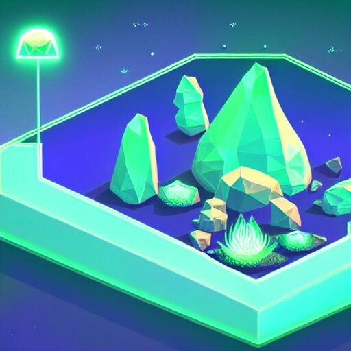 mobile game asset, isometric staircase, crystals, organic low poly design, bioluminescent alien - like plants inspired by the pandora aesthetic avatar's alien nature. we can see alien plants glowing in the dark arround the isometric itens in dark place cyan, orange smooth glow night photoshop filter low poly behance hd 