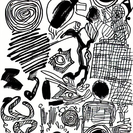 black and white composition of a variety of doodles, drawings, faces, symbols, cartoons, lineart, chinese ink brush 