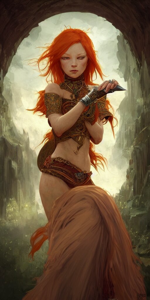 ginger girl with problems dringing in an ancien taver and playing with a knife, magic the gathering, ancient, sand, emerald, intricate, highly detailed, digital painting, artstation, concept art, smooth, sharp focus, illustration, Unreal Engine 5, 8K, art by artgerm and greg rutkowski and alphonse mucha