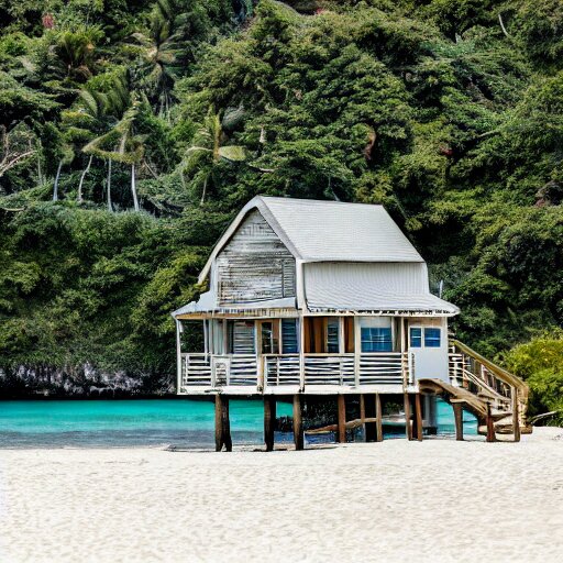 small house on an island beach, gentle waves 