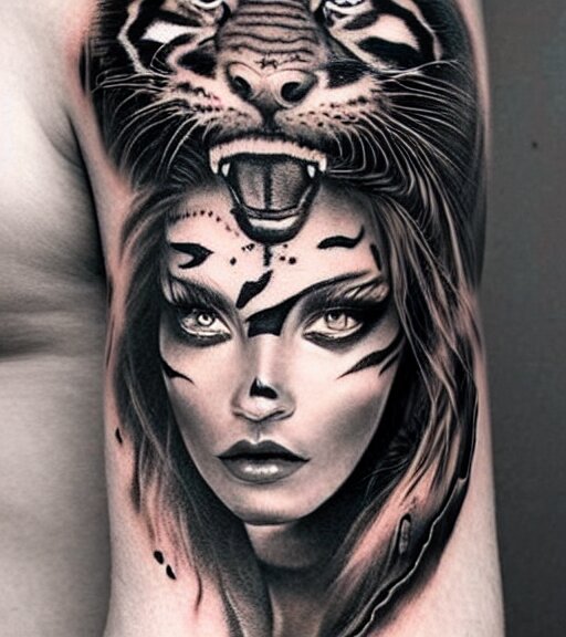 tattoo design of a beautiful girl warrior below a tiger head, hyper realistic, realism tattoo, by eliot kohek, beautiful eyes, realistic face, black and white, white background 