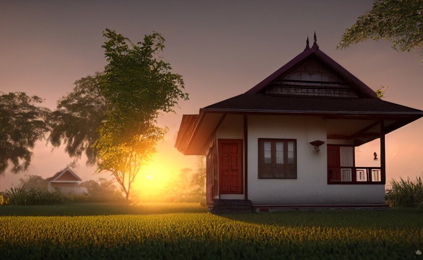 a beautiful small assam type house at sunrise, guwahati, concept art, octane render, unreal engine 5, trending on artstation, high quality, 8 k, soft lighting, path traced, hyperrealistic, highly detailed, digital art, symmetrical, cinematic, high coherence, godrays 