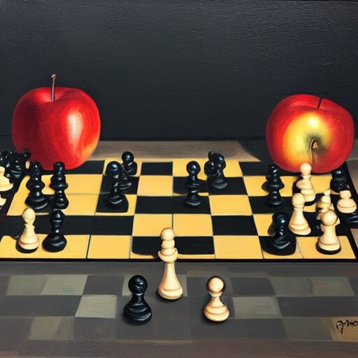 two apples playing chess, realistic oil paint 