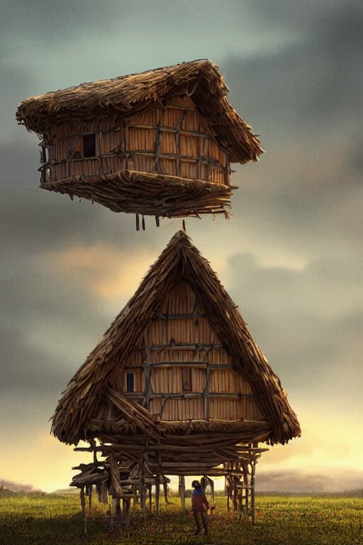 an awesome twilight day concept art of old hut standing at giant hen's legs, by kengo kuma and wes anderson with village, mixed development, cgsociety, fantastic realism, artstation hq 