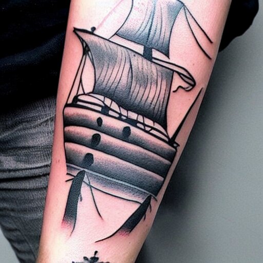 A pirate ship tattoo design in the style of Dmitriy Samohin, hyper realistic tattoo