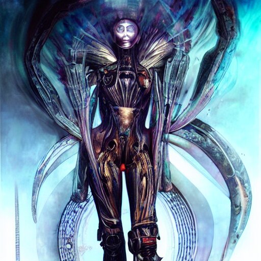 a full body beautiful woman wearing a cyberpunk outfit by karol bak, ayami kojima, artgerm, sakimichan, hr giger, blue eyes, weapons, electronics, high tech, concept art, fantasy 