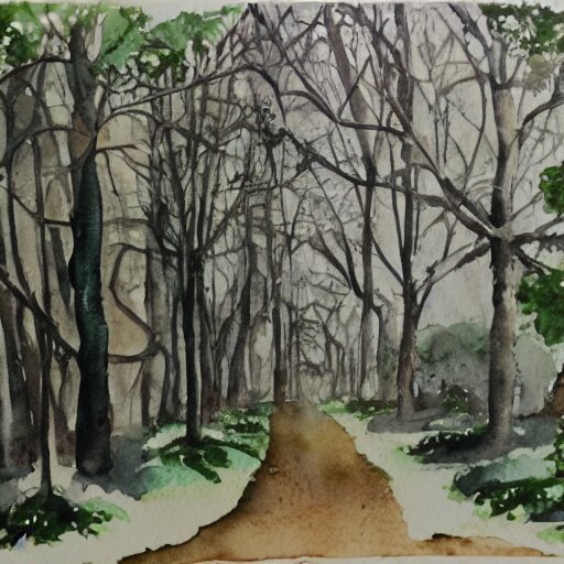 abandoned city overgrown by trees, watercolor