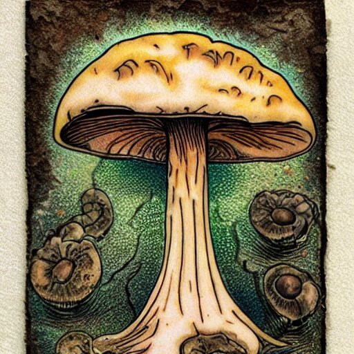 mushroom in decay, tattoo art, japanese, color restoration, vortex, highly detailed, 