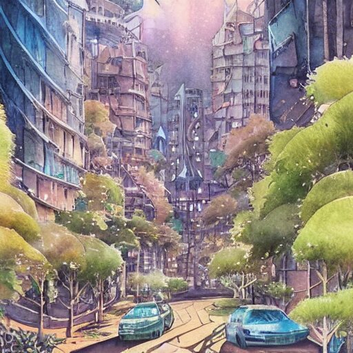 Beautiful happy picturesque charming sci-fi city in harmony with nature. Nice colour scheme, soft warm colour. Beautiful detailed watercolor by Lurid. (2022)