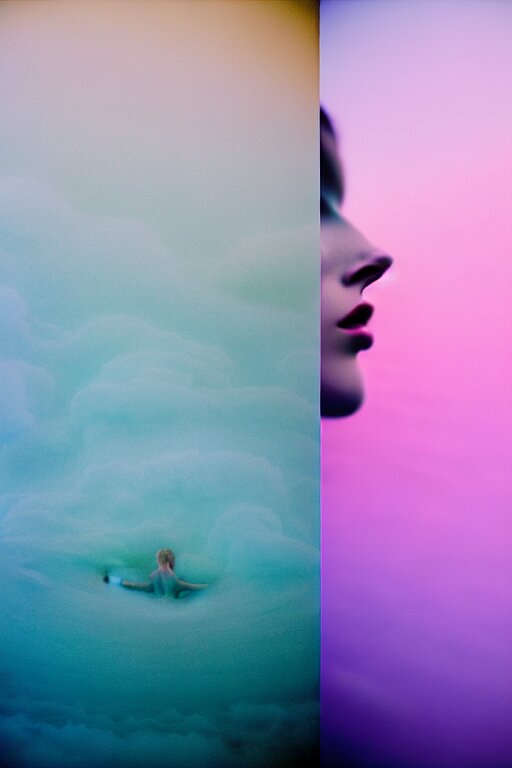 high quality pastel coloured film close up wide angle photograph of a model wearing clothing swimming on cloud furniture in a icelandic black rock!! environment in a partially haze filled dreamstate world. three point light, rainbow. photographic production. art directed. pastel colours. volumetric clouds. pastel gradient overlay. waves glitch artefacts. extreme facial clarity. 8 k. filmic. 