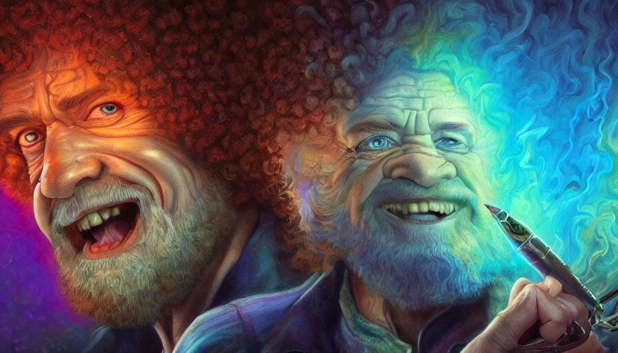 bob ross on a psychedelic trip with an open mouth and glowing eyes, staring, close - up, deep focus, extremely detailed digital painting, vibrant colors, in the style of tomasz alen kopera and fenghua zhong and peter mohrbacher, mystical colors, rim light, beautiful lighting, 8 k, stunning scene, raytracing, octane, trending on artstation 