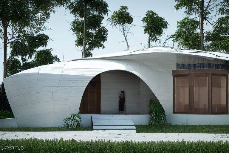 a futuristic assam type house designed by calatrava, bamboo design, realist, render, 8 k 