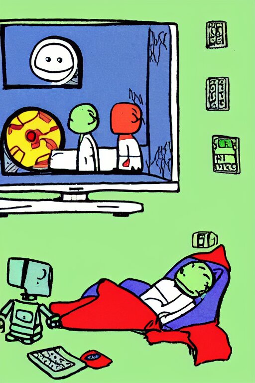 an illustration of robots watching tv in the style of goodnight moon by margaret wise brown 