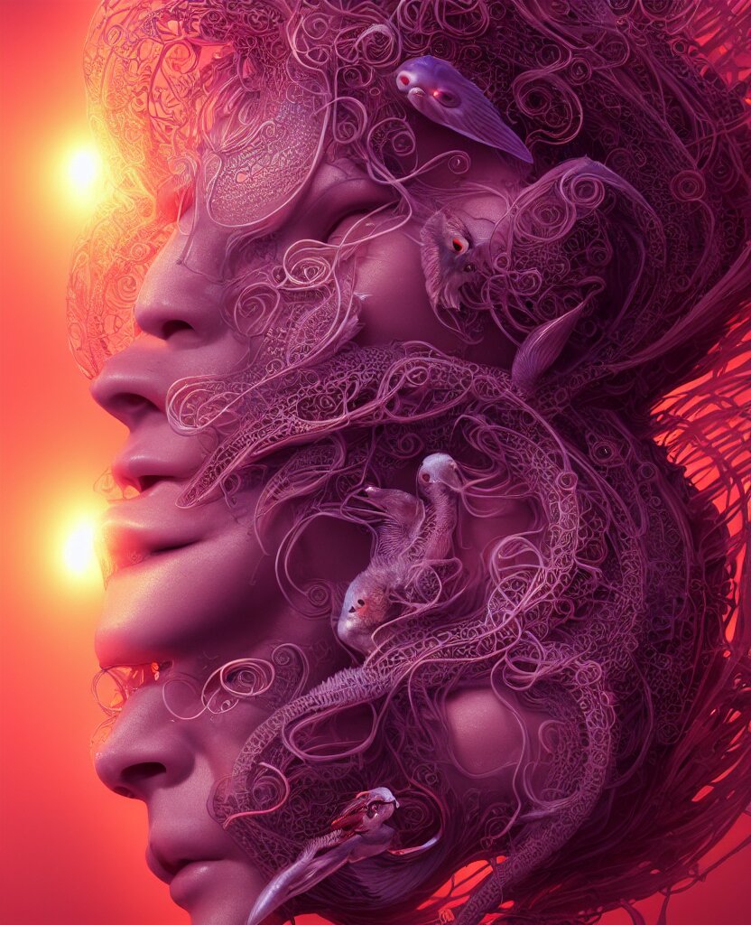 goddess close-up face portrait. chimera orchid jellyfish phoenix head, nautilus, skull, betta fish, bioluminiscent creatures, intricate artwork by Tooth Wu and wlop and beeple. octane render, trending on artstation, greg rutkowski very coherent symmetrical artwork. cinematic, hyper realism, high detail, octane render, 8k