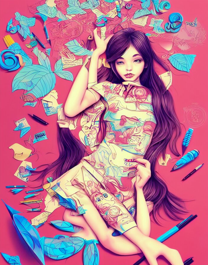 richly detailed color  illustration of a female stupid drawing demented doodles on her school work while in class alone after school, large format image. illustrated by Artgerm. 3D shadowing.