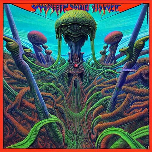 stoner metal album cover in the style of wayne barlowe and  kenny scharf and philippe druillet, realistic, insanely detailed, intricate, smooth, airbrush, play-doh