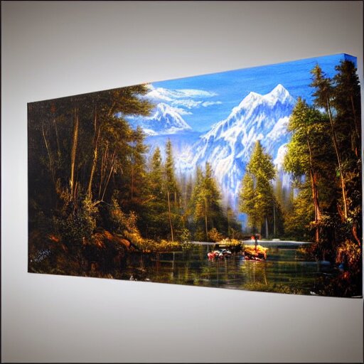 beautiful scenery, varnished painting, visible canvas, highly reflective, realistic reflections, realistic lighting, glossy, realistic 