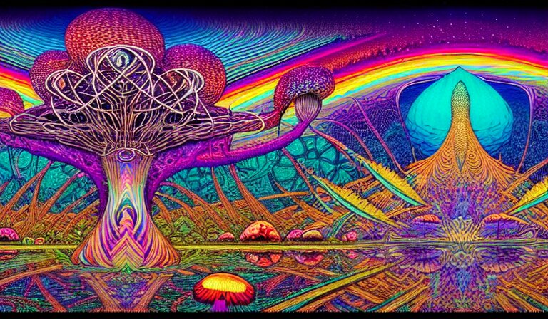 an expansive rendering of beautiful and complex interwoven spiritual connection between all beings by dan mumford, by jim fitzpatrick, by joe wilson, by jim burns, by victo ngai, by jacek yerka, surrounded with colorful magic mushrooms and rainbowcolored marihuana leaves, insanely integrate, featured on deviant art, trending on artstation 