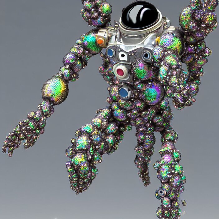 a cybernetic symbiosis of a single astronaut mech-organic eva suit made of pearlescent wearing anodized thread knitted shiny ceramic multi colored yarn thread infected with kevlar,ferrofluid drips,carbon fiber,ceramic cracks,gaseous blob materials and diamond 3d fractal lace iridescent bubble 3d skin dotted covered with orb stalks of insectoid compound eye camera lenses orbs floats through the living room, film still from the movie directed by Denis Villeneuve with art direction by Salvador Dalí, wide lens,