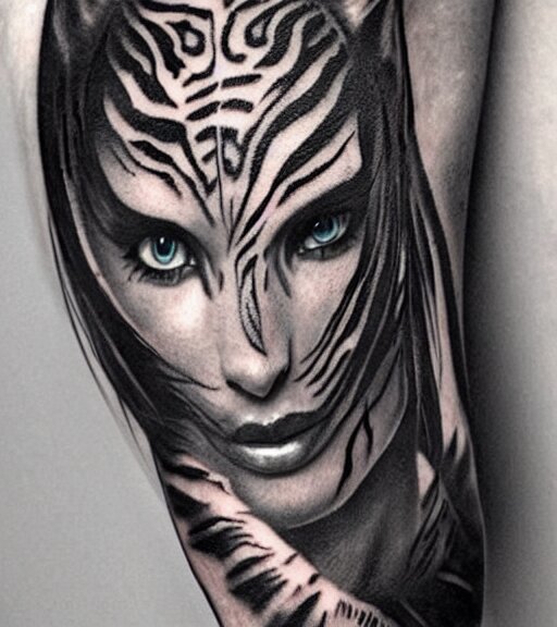 tattoo design of a beautiful girl warrior under a tiger head, hyper realistic, realism tattoo, by eliot kohek, beautiful eyes, realistic face, black and white, white background 