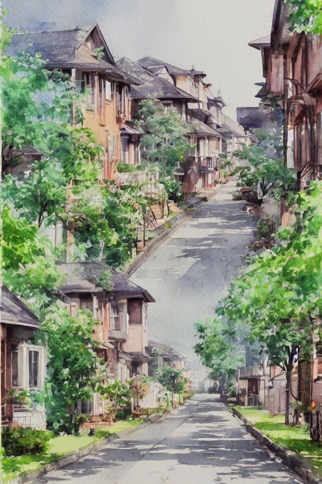 street lined with old residential houses summer watercolor by arti chauhan trending on artstation 