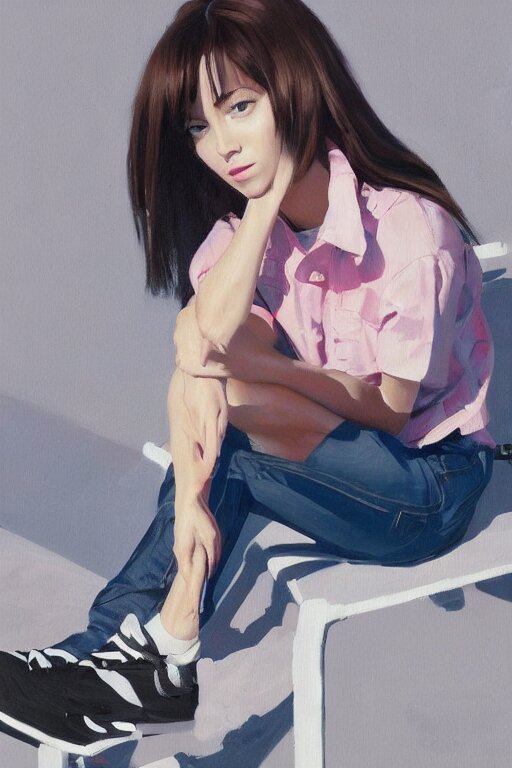 A ultradetailed beautiful panting of a stylish woman looking at the camera, she is wearing streetwear, she is sitting on a chair, bright sunny day, Oil painting, by Ilya Kuvshinov, Greg Rutkowski and Makoto Shinkai