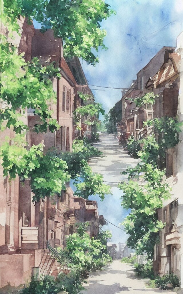 street lined with old residential houses summer watercolor by arti chauhan trending on artstation 