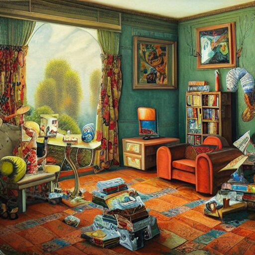 a painting of a living room filled with furniture, a surrealist ...