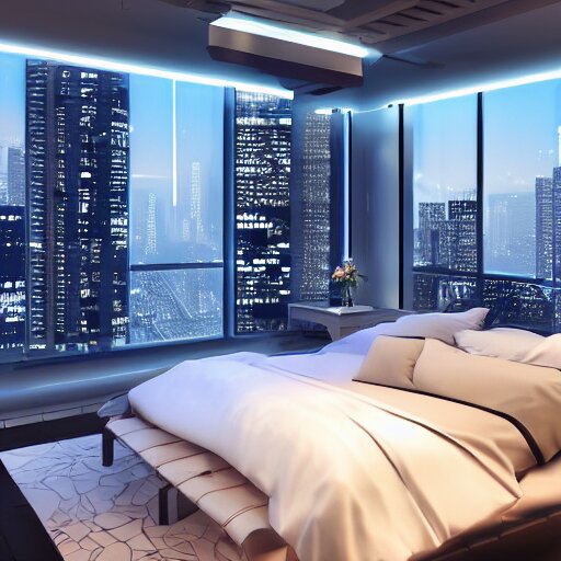 a futuristic luxury white bedroom with ceiling high windows looking out to a cyberpunk cityscape, flying cars, night time, neon lights, cinematic 3d render, unreal engine 5, cgsociety